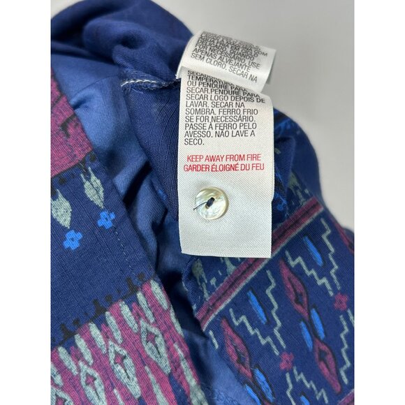 ROXY Mini Dress Sz M Navy Geo Stripe Print Peasant 3/4 Sleeve VNeck Button Up - Picture 11 of 11